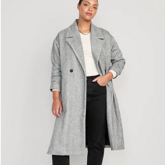 Old Navy long slouchy double-breasted coat Jacket small tall grey Houndstooth - Picture 2 of 14